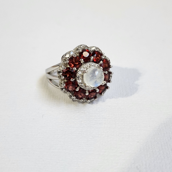 VTG Custom Garnet, Rainbow Moonstone & Zircon 925 Ring Sz 6 - Picture 4 of 13
